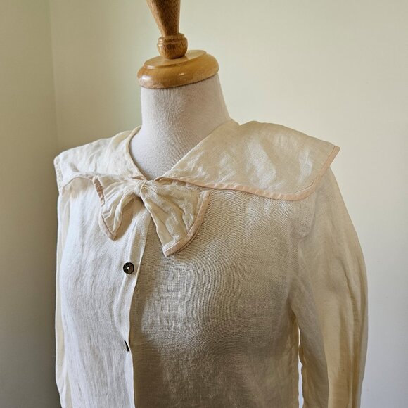 Vintage 90s Cullinane 100% Linen Sailor Collar Blouse Neck Bow Long Sleeve 6/S - Picture 5 of 9